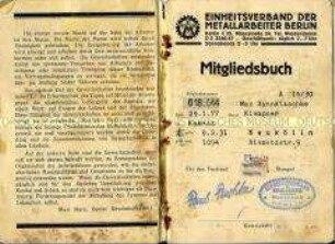 Mitgliedsausweis des Einheitsverbandes der Metallarbeiter Berlin