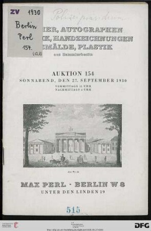 Bücher, Autographen, Graphik, Handzeichnungen, Gemälde, Plastik aus Sammlerbesitz : 27. September 1930 (Katalog Nr. 154)
