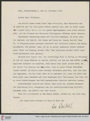 Nachlass Alfred Hettner, Eingegangene Briefe, Korrespondenz Leo Waibel/Alfred Hettner: Brief von Leo Waibel an Alfred Hettner
