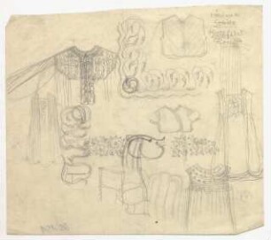 Bekleidungs- und Ornamentskizzen : Blusen- und Kleiderskizzen, Ornamentskizzen, Stuhlskizze, Notizen