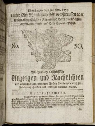 No. 50. Montags, den 15ten Dec. 1777.