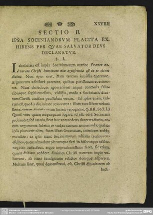 Sectio II. Ipsa Socinianorum Placita Exhibens Per Quae Salvator Deus Declaratur