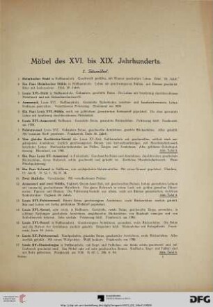Möbel des XVI. bis XIX. Jahrhunderts (Nr. 1-231)