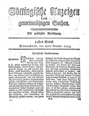 52stes Stück. Sonnabend, den 25ten December 1773.