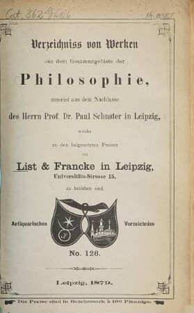 Lager-Verzeichnis, 126. 1879