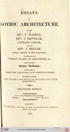 Essays on gothic architecture : twelve plates of ornaments, &c. selected from ancient buildings