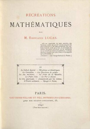 Récréations mathematiques, 3