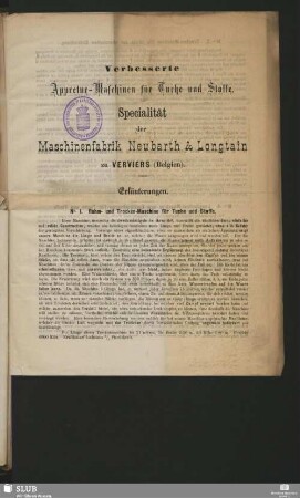 Verbesserte Appretur-Maschinen für Tuche und Stoffe. Specialität der Maschinenfabrik Neubarth & Longtain zu Verviers (Belgien)