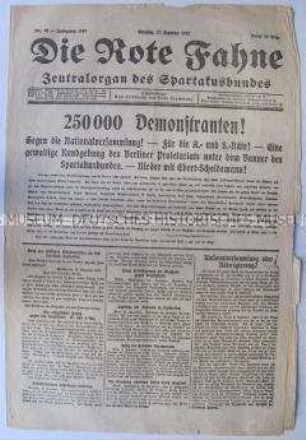 Tageszeitung des Spartakus-Bundes "Die Rote Fahne" zu einer Massendemonstration für die Erhaltung der Macht der Arbeiter- und Soldatenräte