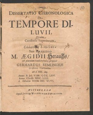 Dissertatio Chronologica De Tempore Diluvii