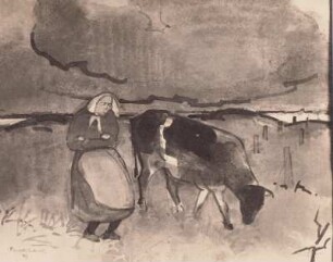 Frau mit Kuh in den Dünen