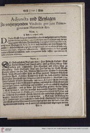 Adjuncta und Beylagen zu vorherggehenden Vindiciis pro jure Primogeniturae Hanoviciae etc