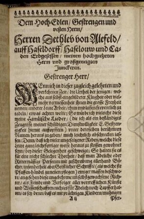 Dem Hoch-Edlen/ Gestrengen und vesten Herrn/ Herrn Dethlev von Alefeld/ auff Haseldorff [...]