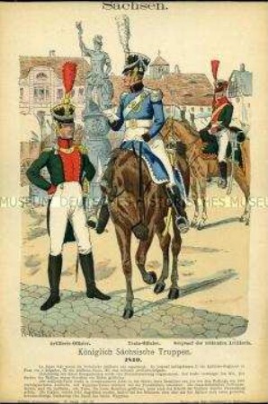 Uniformdarstellung, Artillerie-Offizier, Train-Offizier und Sergeant der Reitenden Artillerie, Königreich Sachsen, 1810.