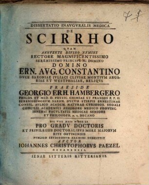Dissertatio Inavgvralis Medica De Scirrho