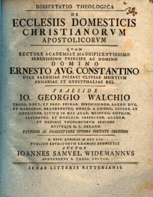 Dissertatio Theologica De Ecclesiis Domesticis Christianorum Apostolicorum