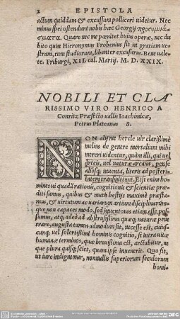 Nobili et clarissimo viro o henrico a Conritz Praefecto ullais Ioachimicae Petrus Plateanus.