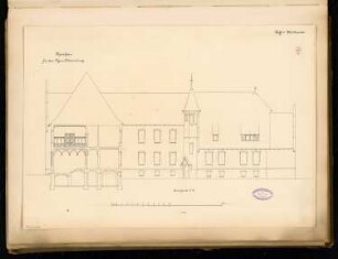 Landratsamt (Kreishaus), Marienburg Monatskonkurrenz März 1893: Querschnitt des Hauptflügels mit Hofansicht des Seitenflügels; Maßstabsleiste