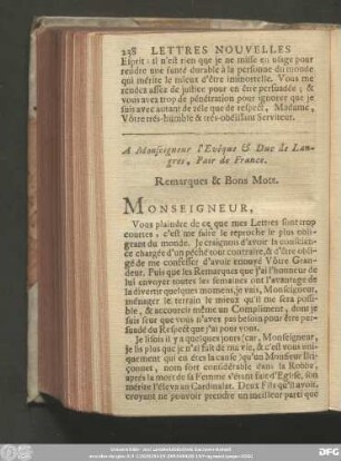 A Monseigneur l'Evéque & Duc de Langres, Pari de France. Remarque & Bons Mots.