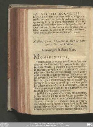 A Monseigneur l'Evéque & Duc de Langres, Pari de France. Remarque & Bons Mots.