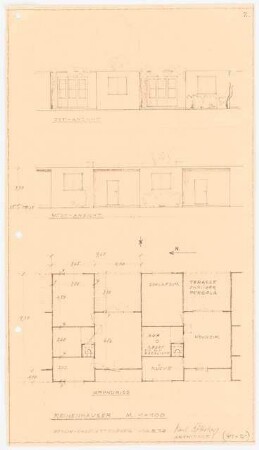 Reihenhäuser: Grundriss, 2 Ansichten (Westansicht, Ostansicht) 1:100