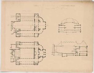 Thiersch, Friedrich von; Frankfurt / Main (Hessen); Festhalle - Musikhalle Hamburg (Grundriss EG, Grundriss 1. OG, Querschnitt, Längsschnitt)