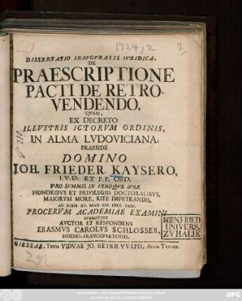 Dissertatio Inauguralis Iuridica, De Praescriptione Pacti De Retrovendendo