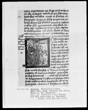 Stephan von Paris, Auslegung der Regel des heiligen Benedikt — Initiale I, darin Benedikt treibt einem Mönch den Teufel aus, Folio 48recto