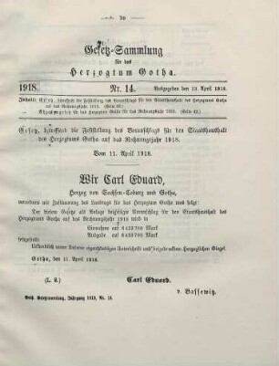 14. Gesetz, betreffend die Feststellung des Voranschlags für den Staatshaushalt des Herzogtums Gotha auf das Rechnungsjahr 1918. Vom 11. April 1918