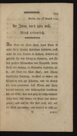 Berlin, den 15. August 1779. An Jeden, der's lesen will. Bloß erbaulich