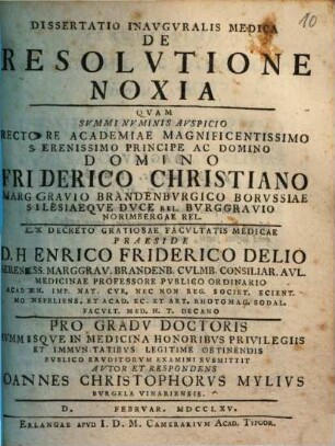 Dissertatio inavgvralis Medica De resolvtione noxia