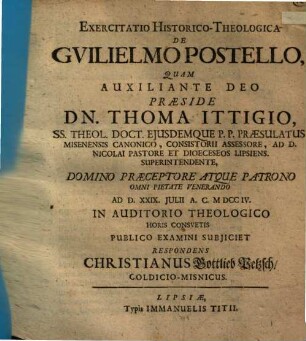 Exercitatio Historico-Theologica De Gvilielmo Postello