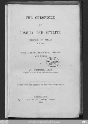 The chronicle of Joshua the Stylite : composed in Syriac A. D. 507