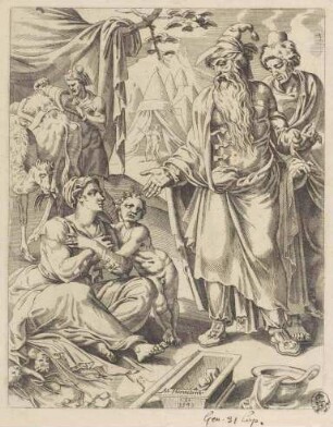"Rachel versteckt die Götzenbilder von Laban" (historischer Titel), Blatt 6 aus der Folge "Die Geschichte Jakobs"