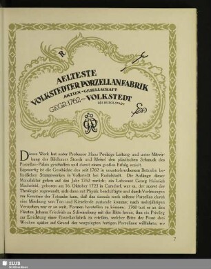 Aelteste Volkstedter Porzellanfabrik Aktien-Gesellschaft. Gegr. 1762 ~ Volkstedt Bei Rudolstadt