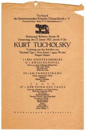 Ankündigungsblatt zu einer Tucholsky-Vorlesung, 1921