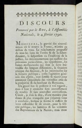 4-15 Discours Prononcé par le Roi, à l'Assemblée Nationale, le 4 février 1790