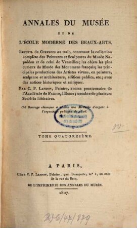 Annales du Musée et de l'Ecole Moderne des Beaux-Arts. Recueil de gravures .... 14. 1807