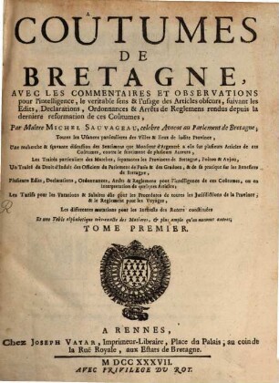 Coutumes de Bretagne, T. 1