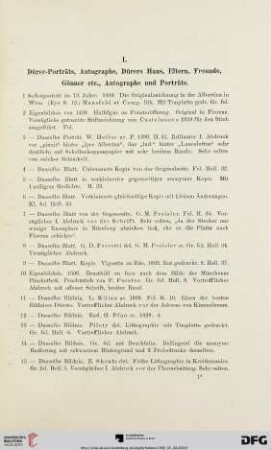 I. Dürer-Porträts, Autographe, Dürers Haus, Eltern, Freunde, Gönner etc., Autographe und Porträts (Nr. 1 - 107)