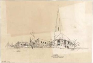 Gsaenger, Gustav; Wolfsburg; Ev. Kreuz Kirche, Gemeindehaus II - Gemeinde u. 2. Pfarrgebäude, Südwestseite (Perspektive)