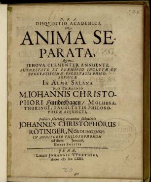 Disquisitio Academica De Anima Separata
