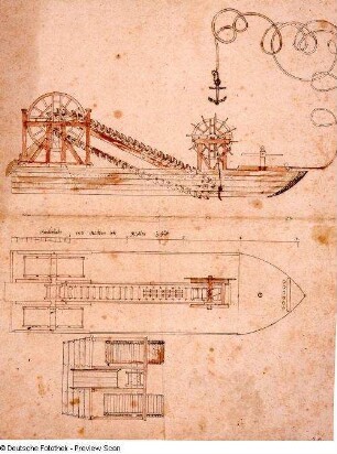 Desseins des differentes Machines, Collection du Jean de Bodt (1. H. 18. Jh.). Plan einer Maschine. Feder, braune Tusche, laviert; 367 x 282 mm
