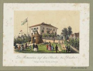 Täubert, Gustav : Das Berggasthaus "Paradies" im ehemaligen gräflich Flemmingschen Weingut am Höhenweg 1 in Radebeul-Niederlößnitz, kol. Lithographie, 1850 : Die Restauration auf dem Paradies bei Dresden. Dresdem : Täubert, [ca. 1850]. - 1 Kunstbl. : Lithographie ; 11,3 x 7,3 cm
