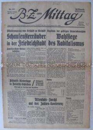 Titelblatt der Berliner Tageszeitung "B.Z. am Mittag" u.a. zu den Kommunalwahlen in Baden und Danzig