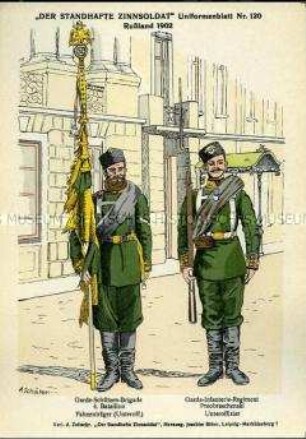 Uniformdarstellung, Fahnenträger des 4. Bataillons der Garde-Schützen-Brigade und Unteroffizier des Garde-Infanterie-Regiments "Preobraschenski", Kaiserreich Russland, 1902.