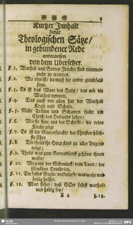 Kurtzer Inhalt dieser Theologischen Sätze