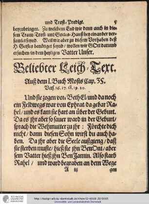 Beliebter Leich-Tert. Auß dem I. Buch Mosis Cap.35. Vers.16.17.18.19.20.