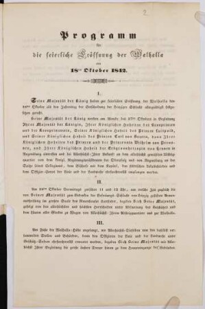Programm für die feierliche Eröffnung der Walhalla am 18ten Oktober 1842