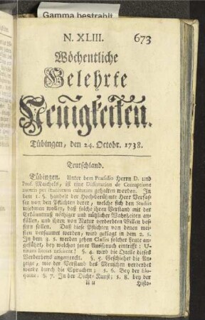 N. XLIII. Tübingen, den 24. Octobr. 1738